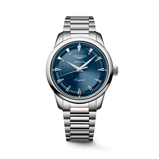 Front view of round stainless steel watch with blue dial, silver hands, and stainless steel strap image number 0